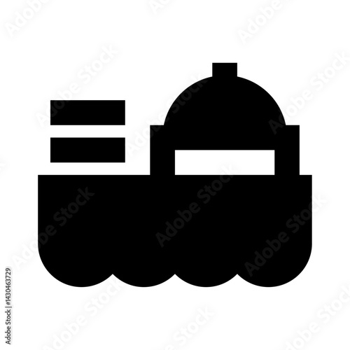 Illustration of a black cargo ship with containers and a rounded structure on water waves design icon