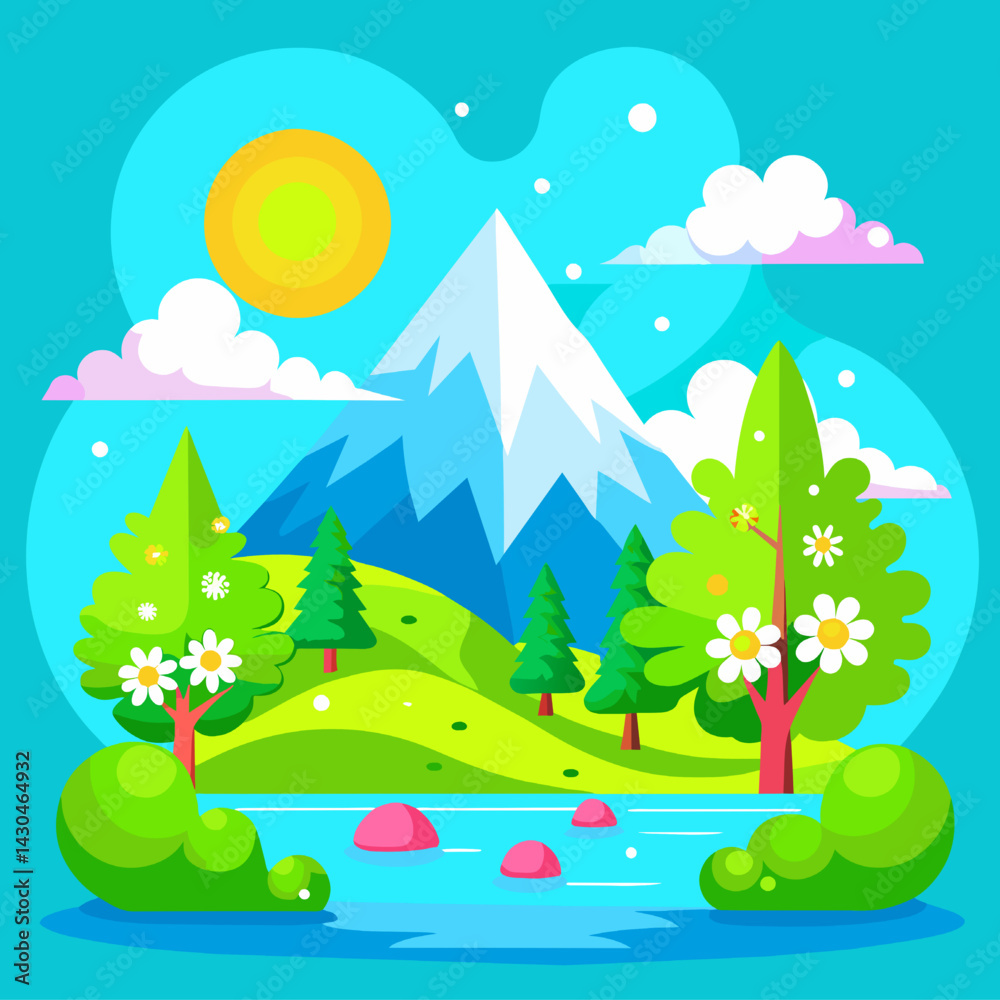 Obraz premium Flat design vector illustration concept of summer landscape with mountains, forest, river, flowers and sky.