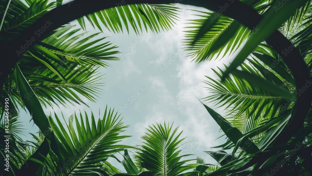 Fototapeta premium Palm leaf frame with white background and empty space in the center