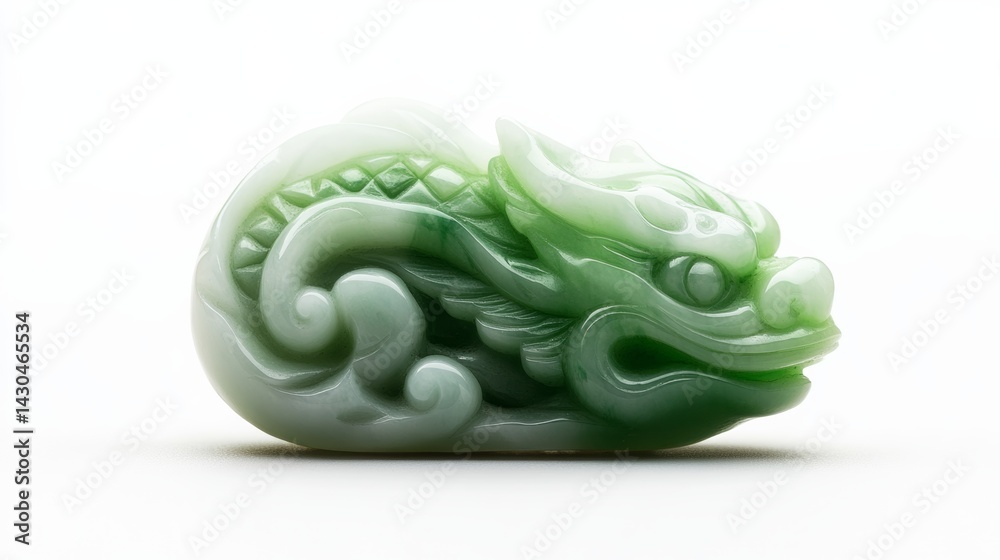 Fototapeta premium A beautifully carved jade pendant with intricate Chinese motifs, glowing under soft lighting, isolated on a white background,