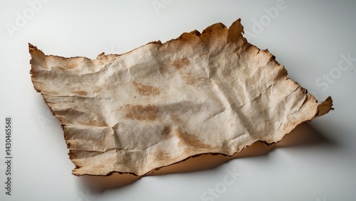 Vintage aged paper with burnt and torn edges on a white background photo