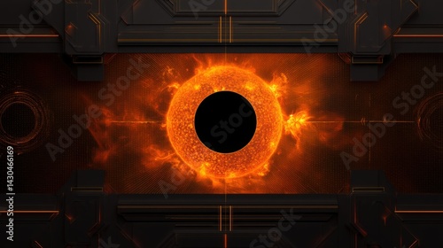 Futuristic illustration of a sun with a black hole, cosmic energy concept. Perfect for science fiction, space exploration, and technology themes. in flat design style