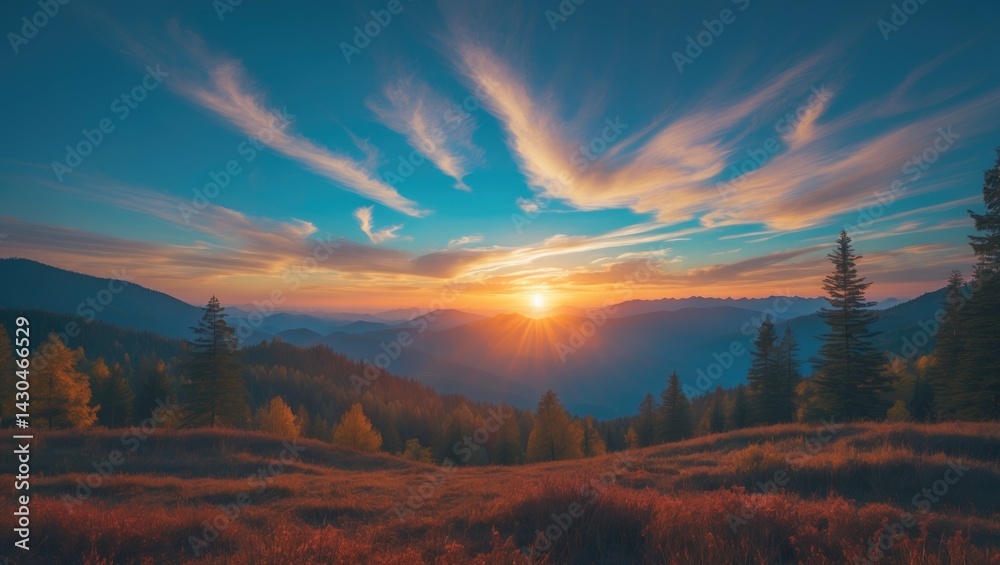 Autumn morning landscape showcasing sun, mountain sky, and natural environment for World Environment Day