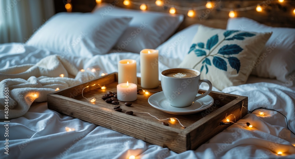 Breakfast in bed featuring a wooden tray with coffee and candles on white bedding.