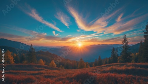 Obraz na płótnie Autumn morning landscape showcasing sun, mountain sky, and natural environment for World Environment Day w salonie