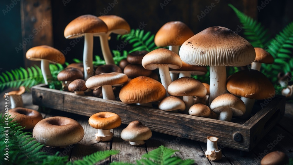 Organic porcini and wild mushrooms displayed on rustic wood