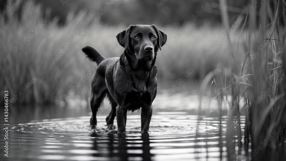 Working black Labrador retriever gundog with training equipment