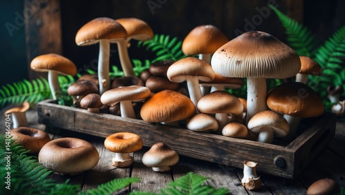 Obraz na płótnie Organic porcini and wild mushrooms displayed on rustic wood w salonie