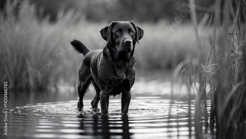 Obraz na płótnie Working black Labrador retriever gundog with training equipment w salonie