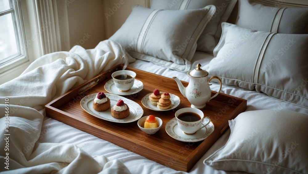 Rustic wooden tray holding coffee and breakfast on a cozy bed