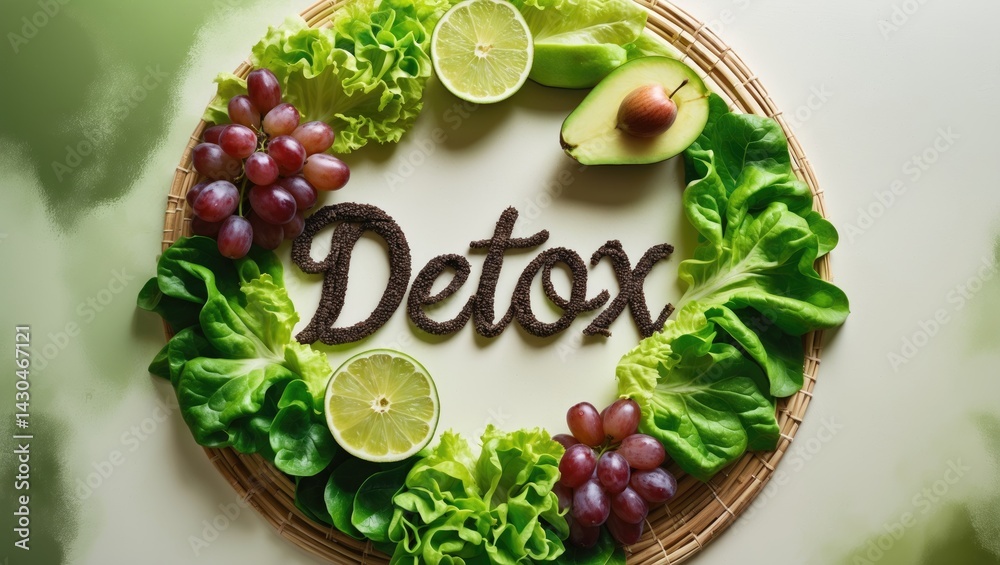 Word detox created using chia seeds. Ingredients for green smoothies and more. The idea of a diet, body cleansing, and healthy eating.