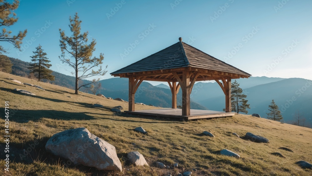 Wooden structure located on the mountain.