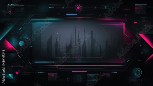 Futuristic HUD interface with cityscape silhouette, data visualization concept. Perfect for tech, gaming, and sci-fi projects. in flat design style