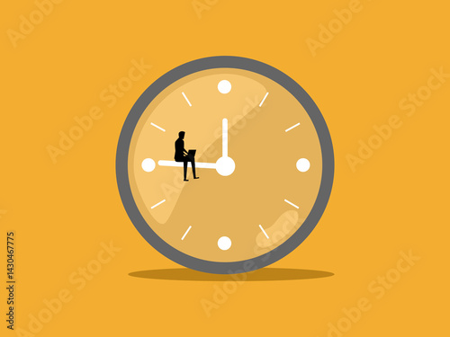 Part time workers, overtime work, businessman using laptop on clock
