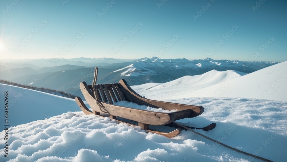 Wooden sleds resting on a snow-blanketed mountain summit
