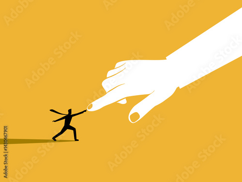 Fighting against supernatural powers, Businessman pushing giant hand.