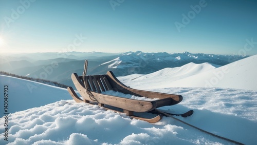 Obraz na płótnie Wooden sleds resting on a snow-blanketed mountain summit w salonie