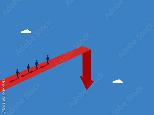 Businessman team walks on bankruptcy arrow