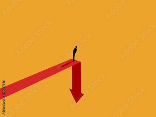 Failure, businessman standing on crisis arrow