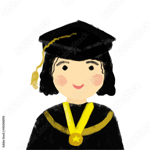 Cute young graduation girl potrait with black diploma robe gown female suit and mortarboard kids kindergarten elementary school doodle crayon watercolour illustration clipart png transparent sticker