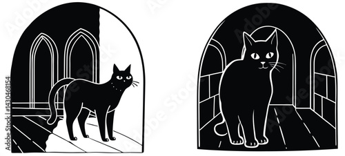 Silhouette of a black cat with arched back and glowing eyes in a foggy alley
