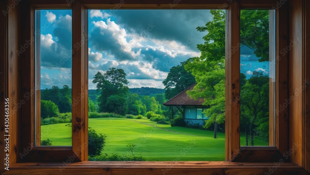 Wooden window frame set against a background
