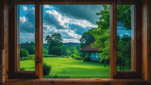 Obraz na płótnie Wooden window frame set against a background w salonie
