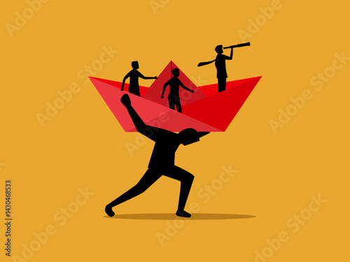 Tired businessman tries to carry people in organization