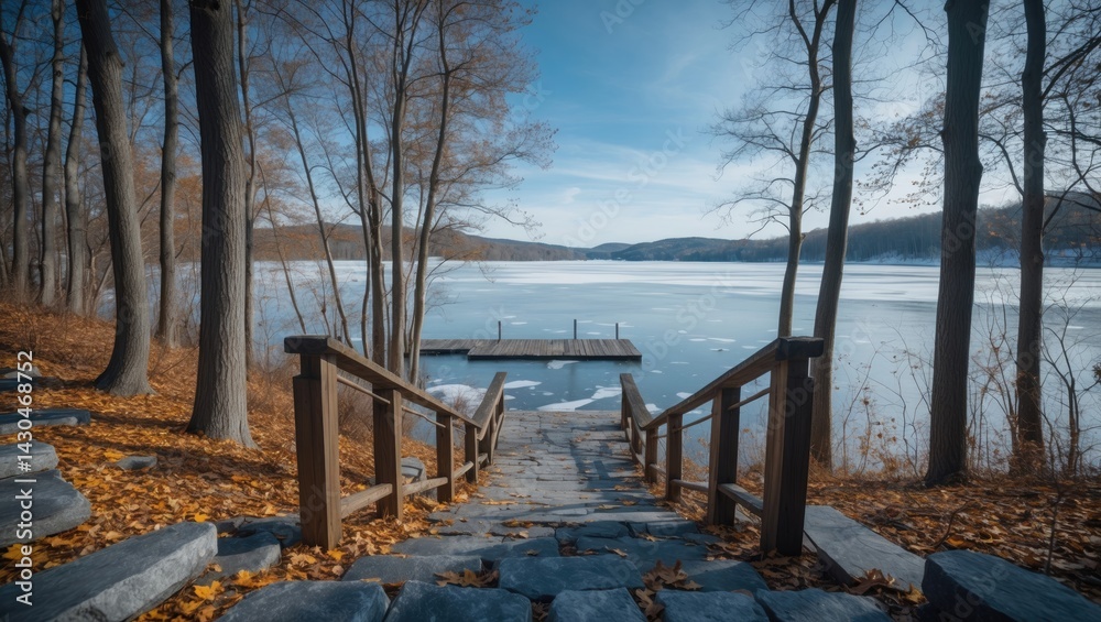 Wooden steps descending to a frozen lake and dock within the forest