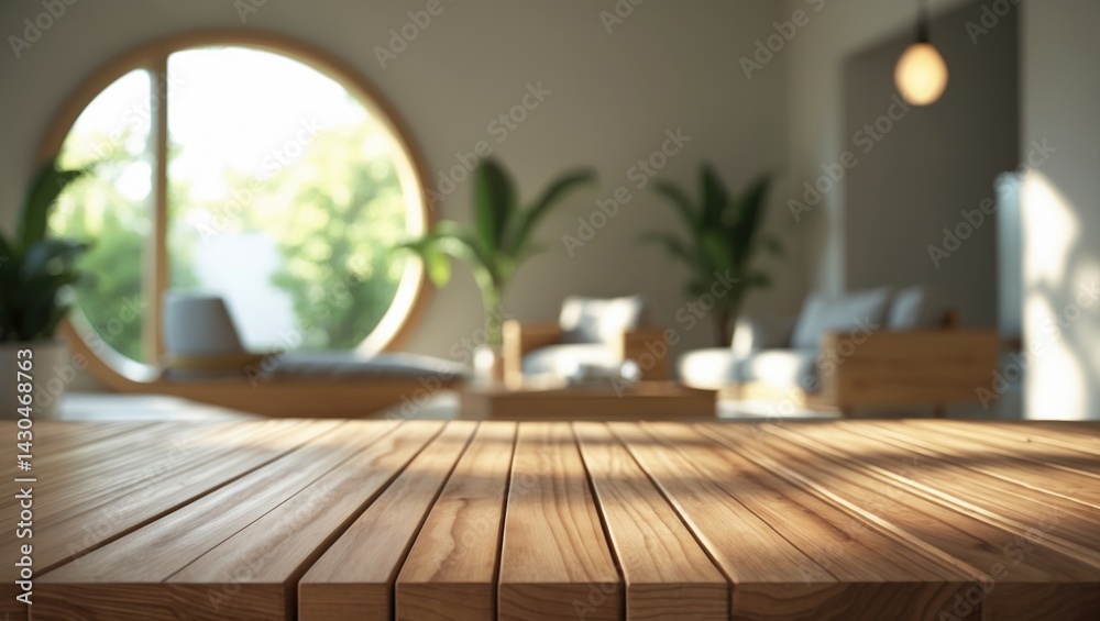 Wooden table for showcasing products in a bathroom.
