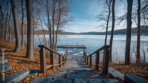 Obraz na płótnie Wooden steps descending to a frozen lake and dock within the forest w salonie
