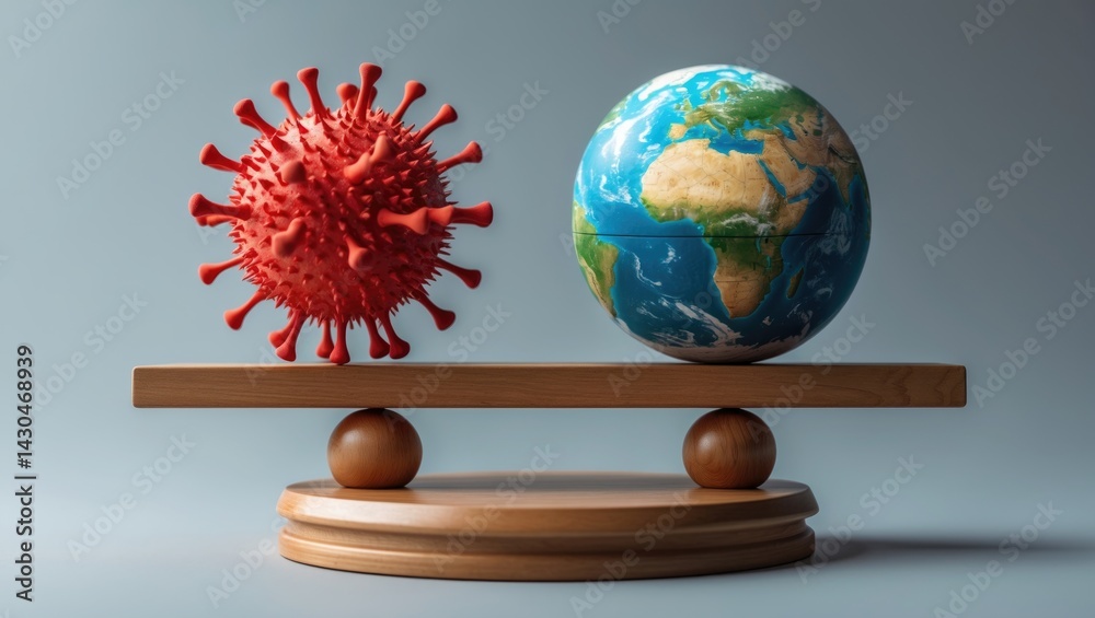 wooden scale balancing large sphere and virus. Concept of equilibrium and harmony