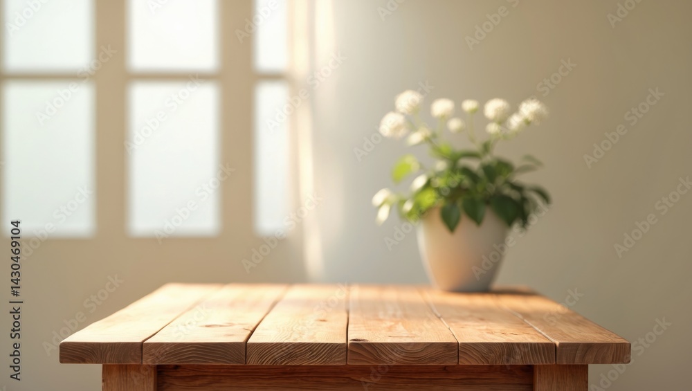 Interior of a modern kitchen with wooden table and blurred window background