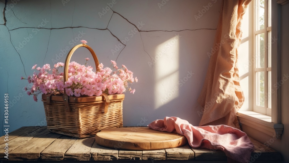 Wooden table in kitchen setting with white wall backdrop. Picnic basket offering free space for decoration and cast shadow on wall.