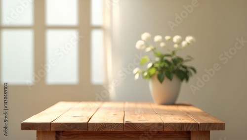 Interior of a modern kitchen with wooden table and blurred window background
