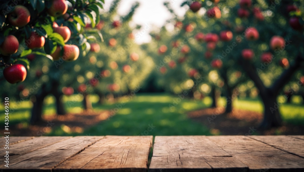 Blurred garden background behind wooden table with space for text