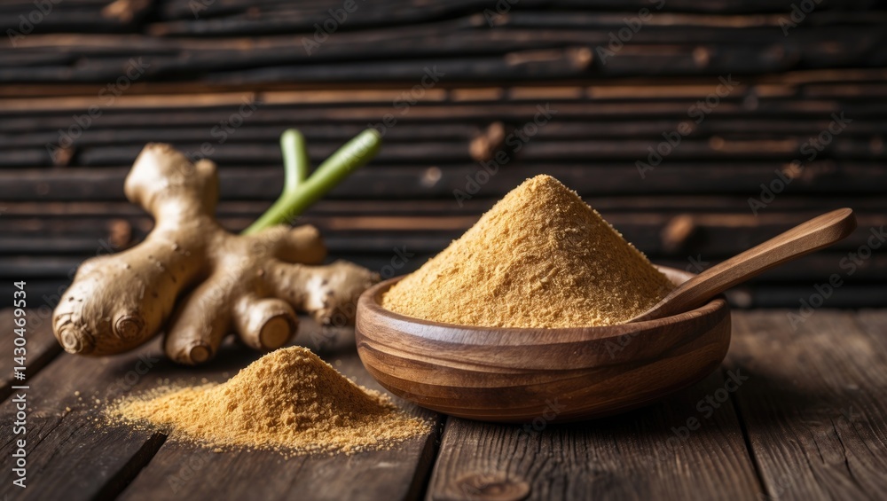 Wooden spoon containing dried ginger powder and fresh ginger root on a black backdrop.