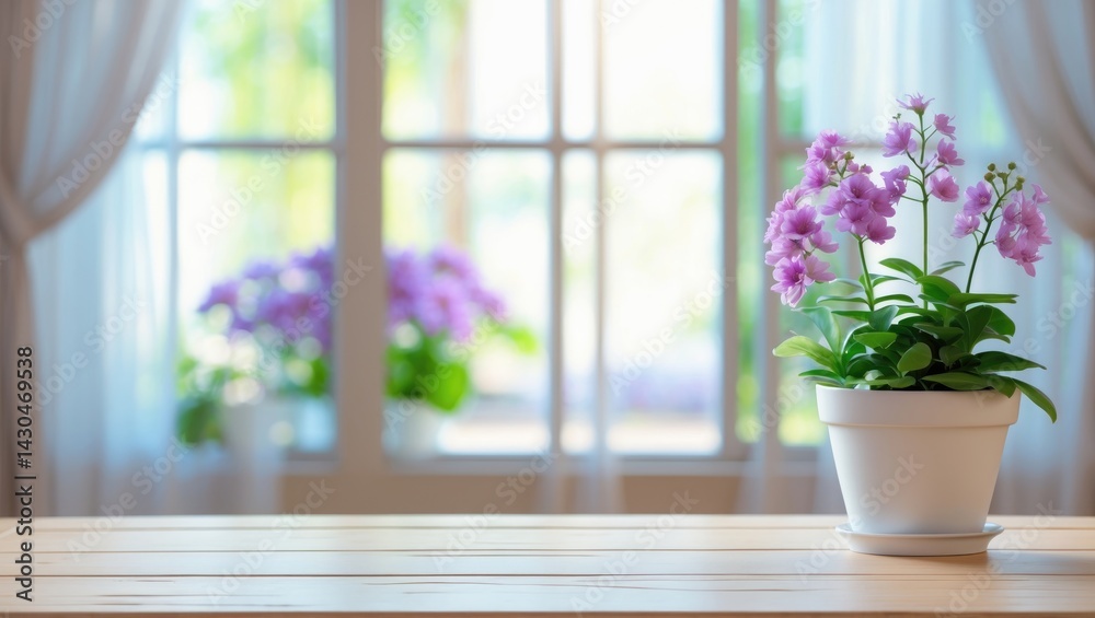 Wooden table set against a defocused window featuring a purple flower pot