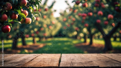 Blurred garden background behind wooden table with space for text