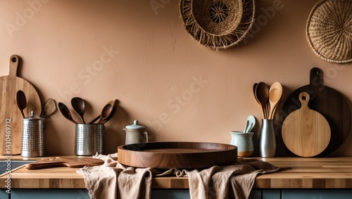 Kitchen counter made of wood with cutting boards, a towel, and utensils displayed
