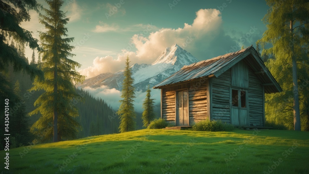 Wooden shed situated on a green grass hill at the forest's edge, with mountains rising in the background.