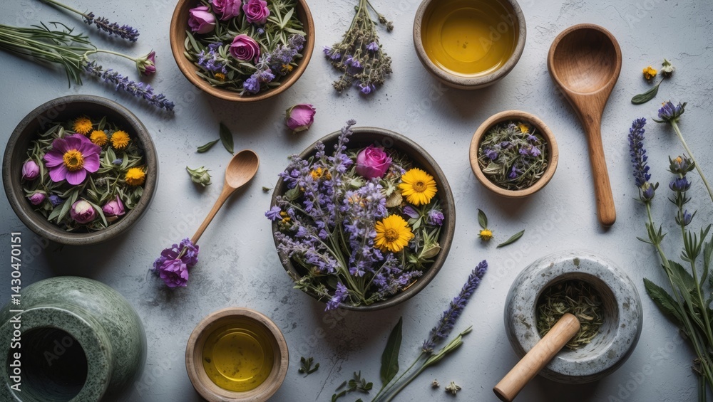 Herbal medicine preparation with fresh herbs, flowers, and essential oils, including mortar, pestle, and scissors on a nature-inspired background.