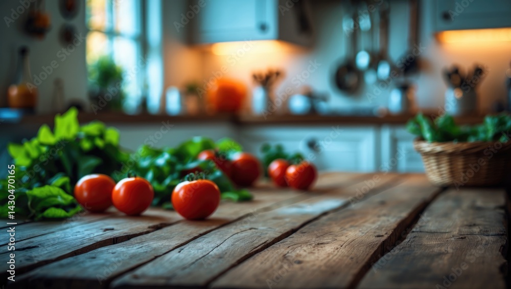 Old wooden table set in kitchen interior with blurred vegetables