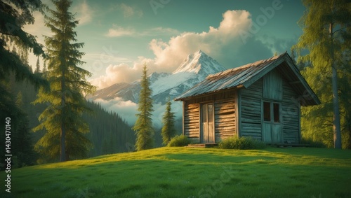 Obraz na płótnie Wooden shed situated on a green grass hill at the forest's edge, with mountains rising in the background. w salonie