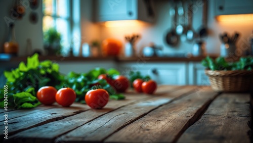 Old wooden table set in kitchen interior with blurred vegetables