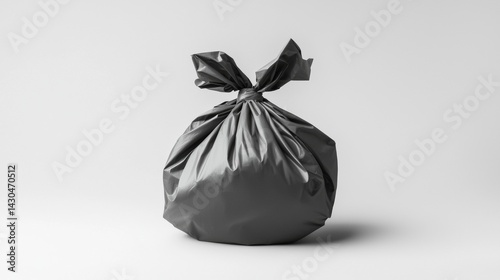 Dark garbage bag tied neatly for disposal on a clean surface in a minimalistic space
