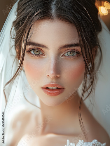 beautiful woman with long hair, wearing wedding veil, showcasing stunning features and captivating eyes, exuding elegance and grace. Her expression reflects joy and anticipation