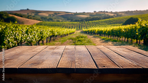 Empty wooden table top in front of  green Vineyard Landscape at sunset creating a warm golden hour Glow with Rows of Grape Vines  in the Background. Copy space for products display, advertisement.