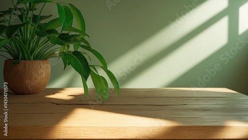 Wooden table in front of an interior wall with a backdrop of a tropical green plant.