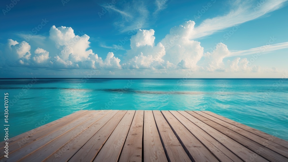 Wooden boardwalk over the sea with a vibrant blue sky and tropical scenery.